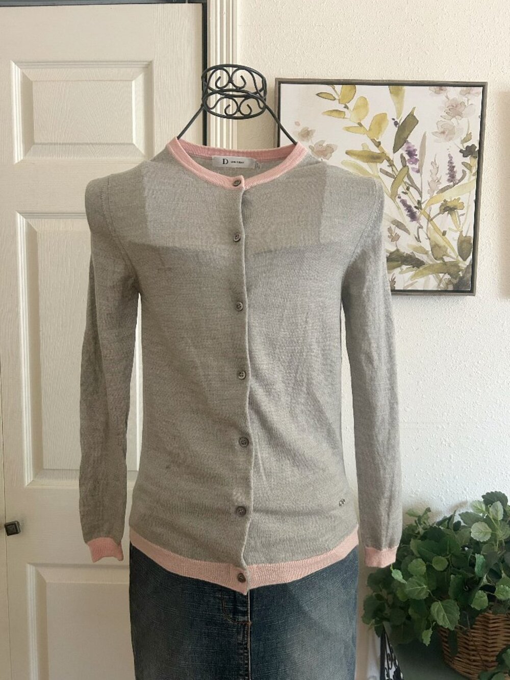 Dior D Gray Wool Cardigan with Pink Trim
